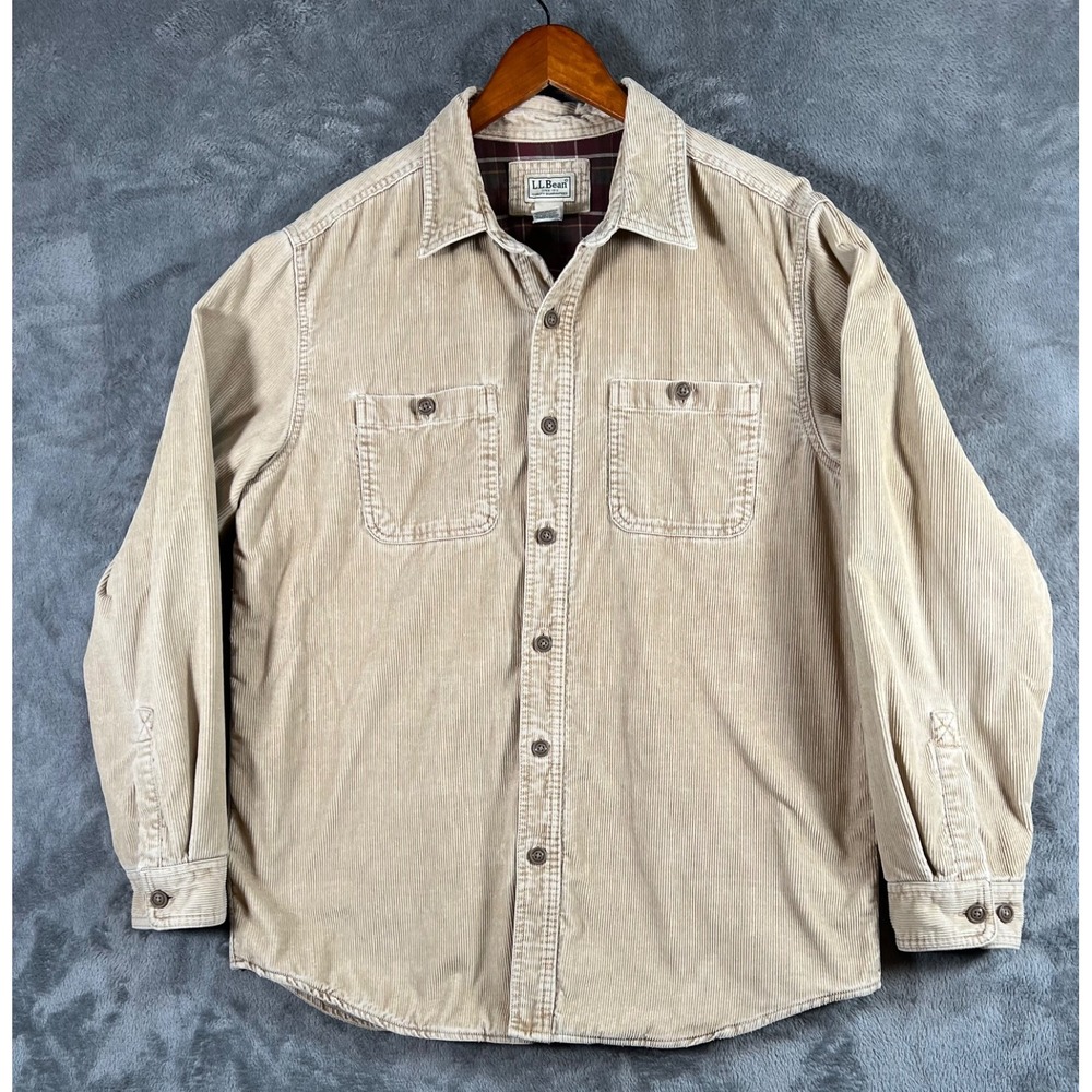 Vintage LL Bean Corduroy Shirt Jacket Mens Medium Tan Flannel Lined
